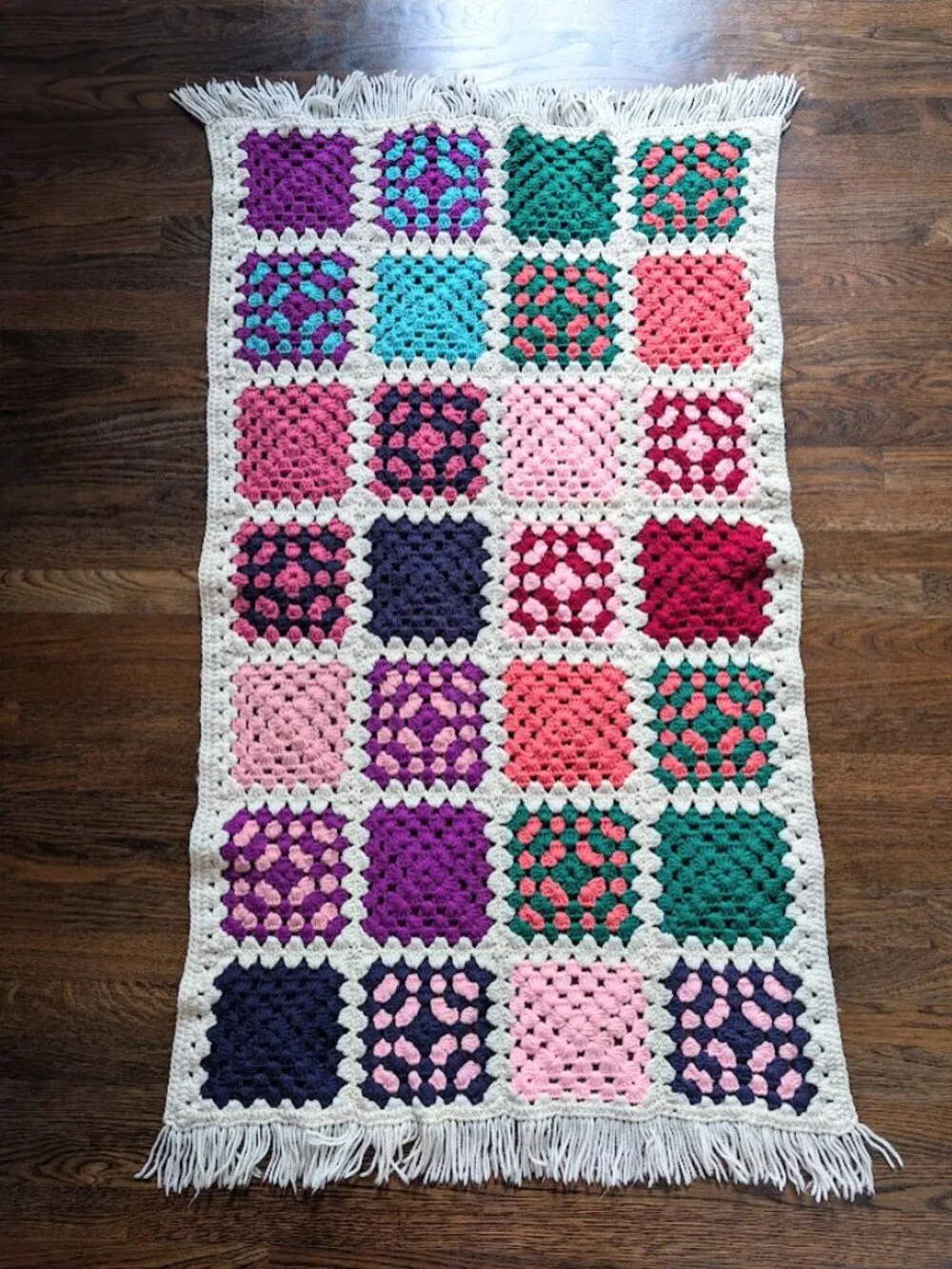 Handmade Crochet Granny Square Afghan Blanket Throw with Fringe 56